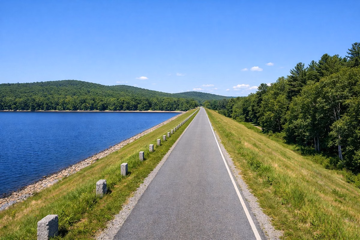 Long grassy dike beside a large reservoir